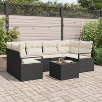 Set Divano da Giardino  7 Pezzi con Cuscini Nero Polyrattan