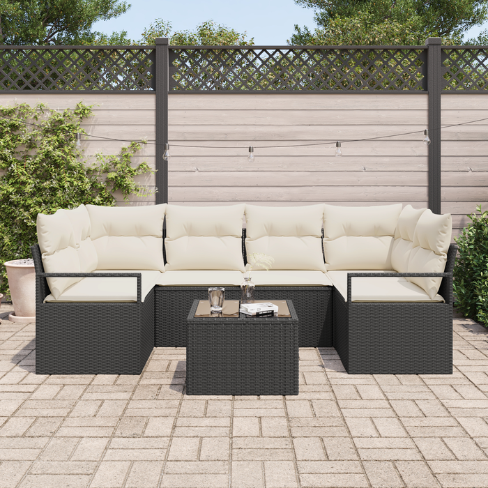 Set Divano da Giardino  7 Pezzi con Cuscini Nero Polyrattan