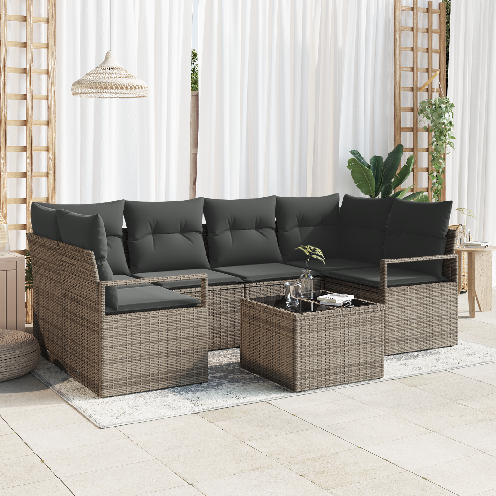 Set di divani da giardino  con cuscini in polyrattan grigio 7 Pezzi