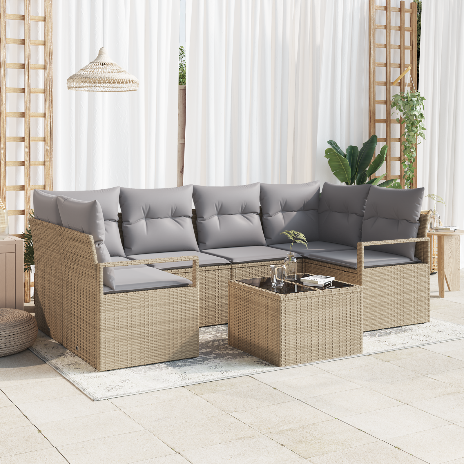 Set Divano da Giardino 7 Pezzi con Cuscini Beige Polyrattan