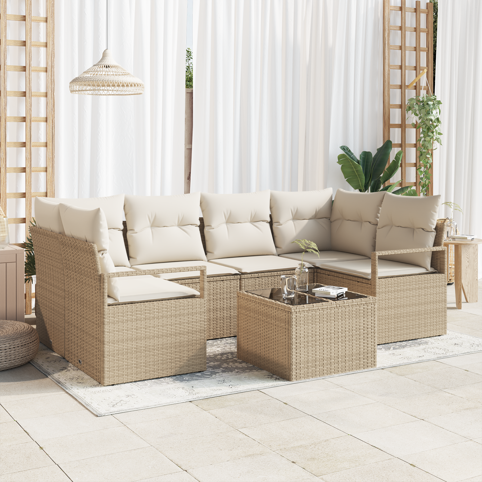 Set Divano da Giardino  con Cuscini Beige Rattan Sintetico