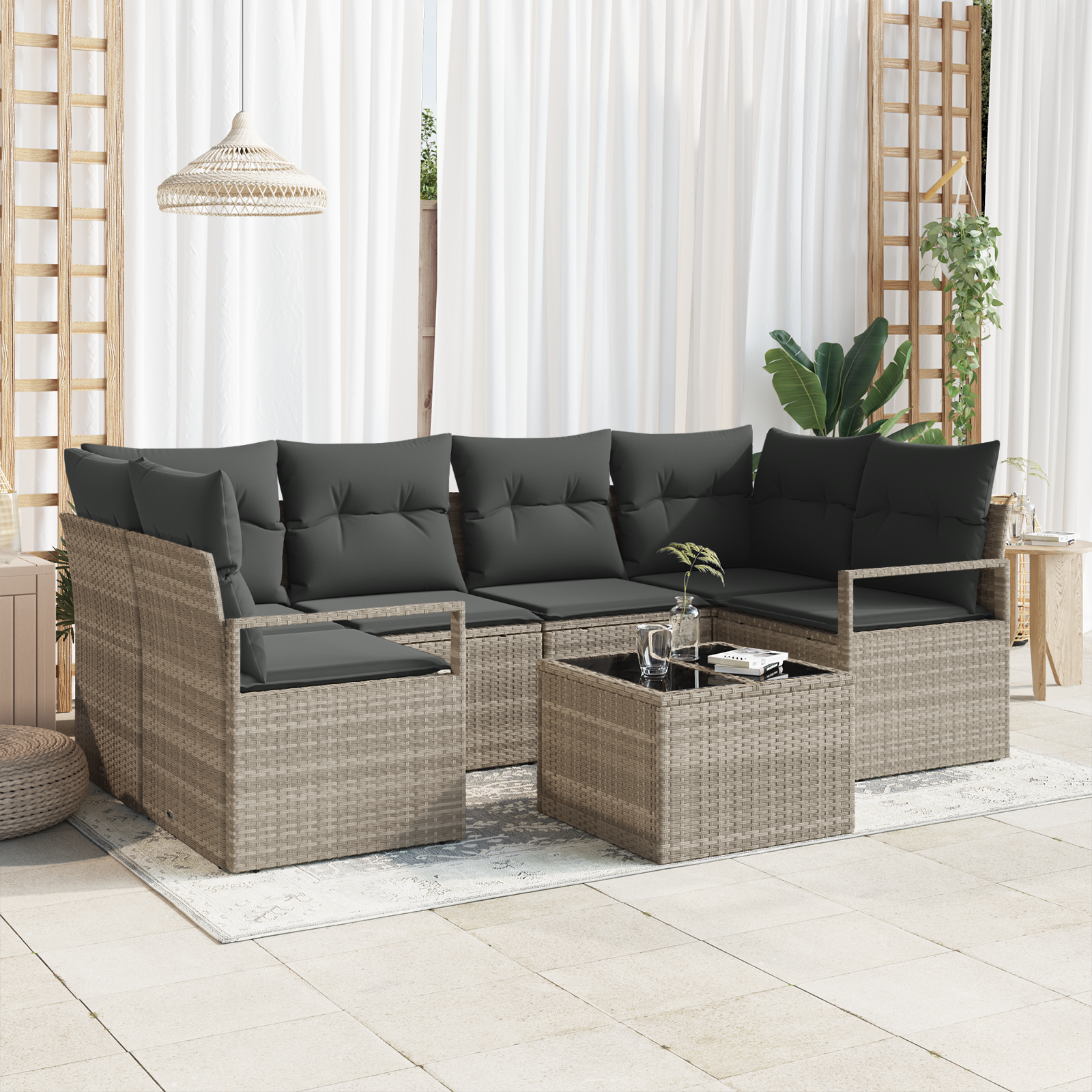 Set di divani da giardino  con cuscini grigio chiaro in polyrattan