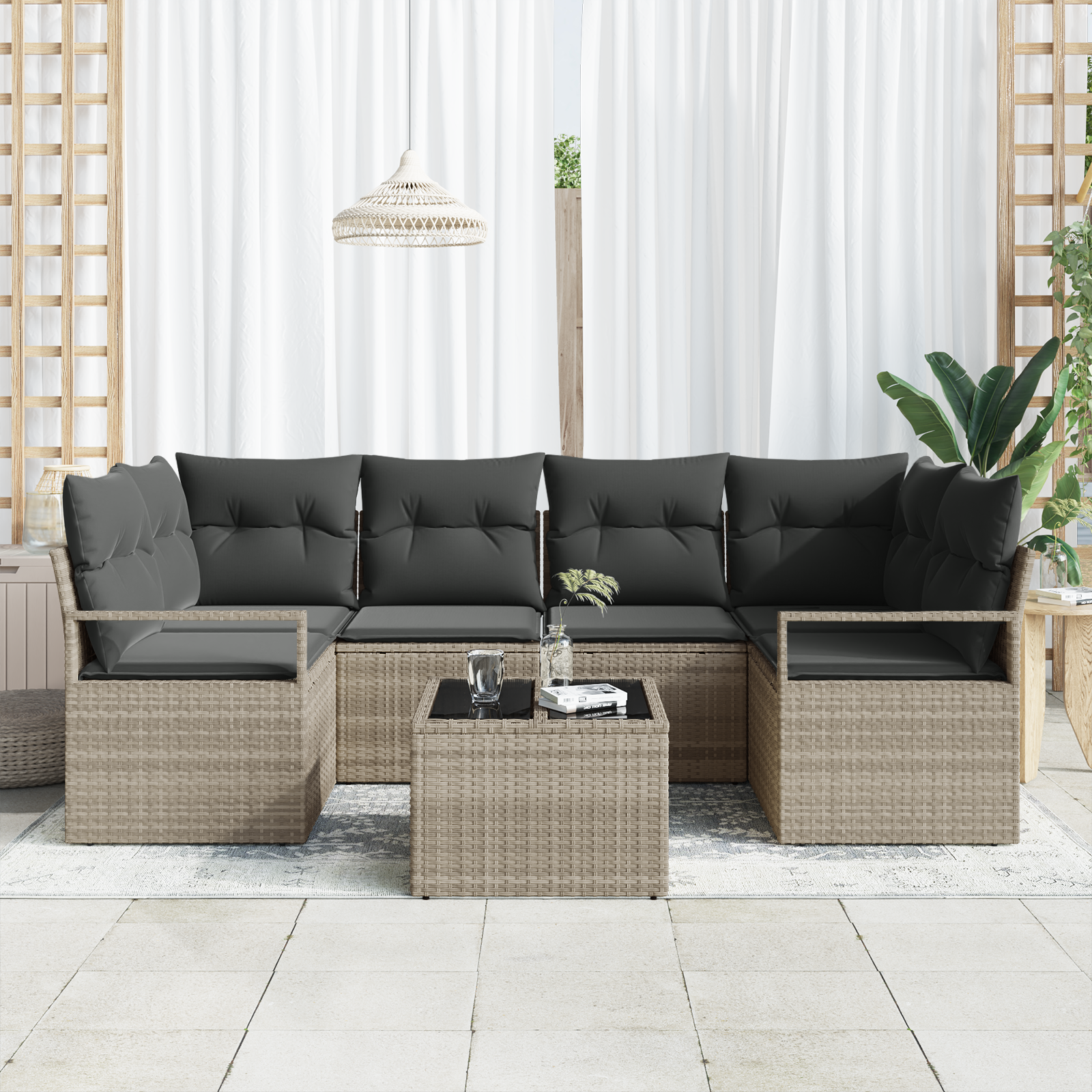 Set di divani da giardino  con cuscini grigio chiaro in polyrattan