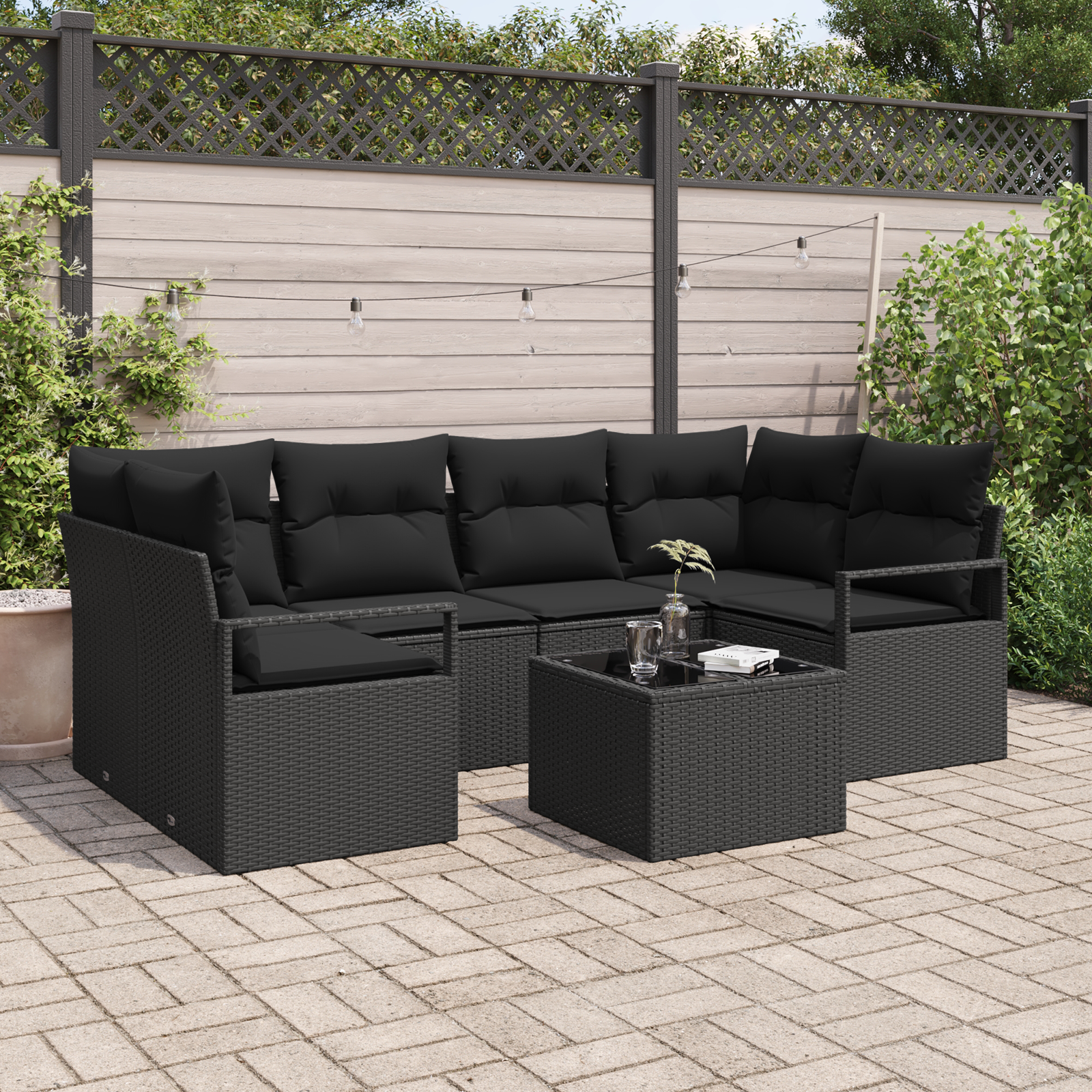 Set Divano Giardino 7 Pezzi con Cuscini Nero Polyrattan