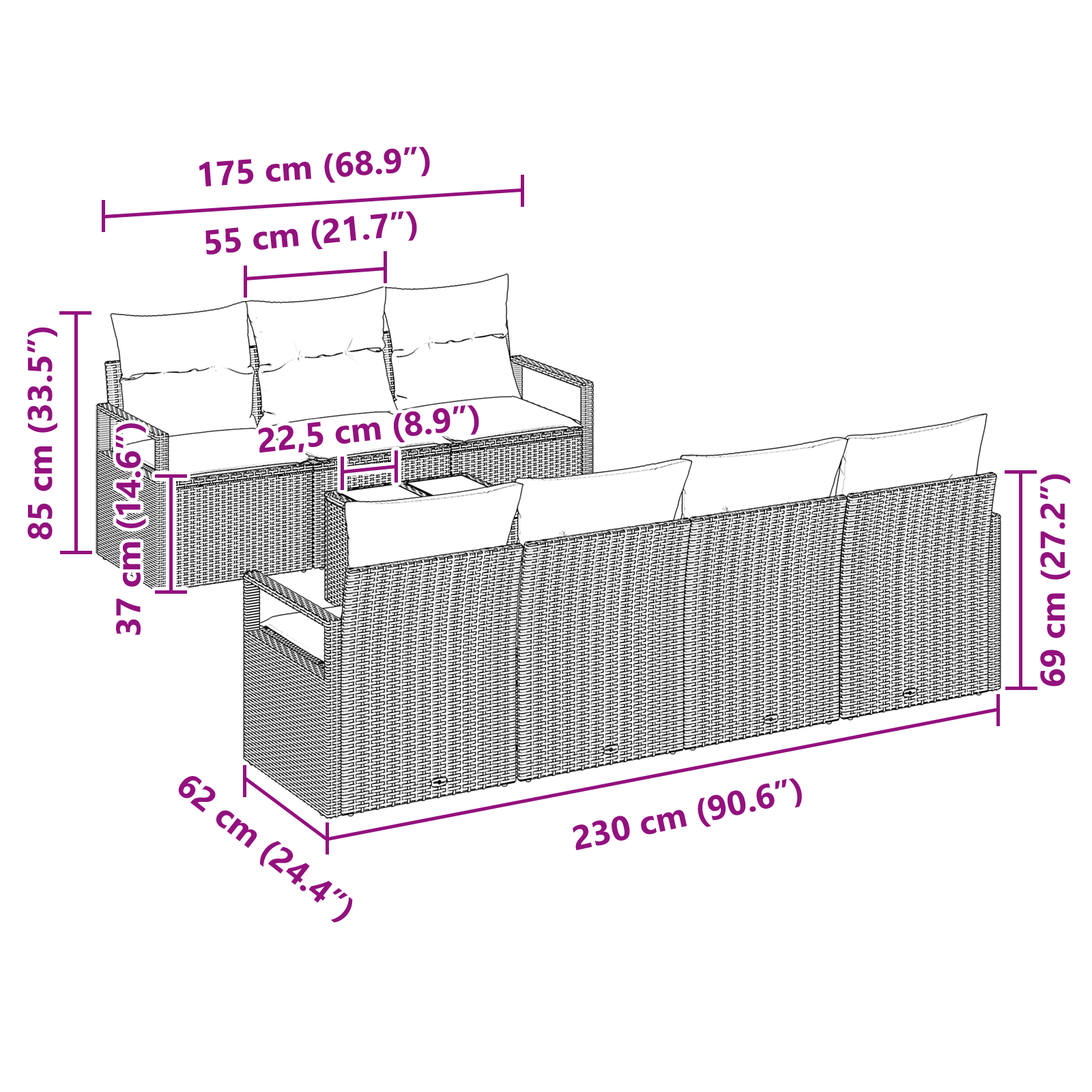 Set da giardino a 8 pezzi con cuscini in polyrattan nero di