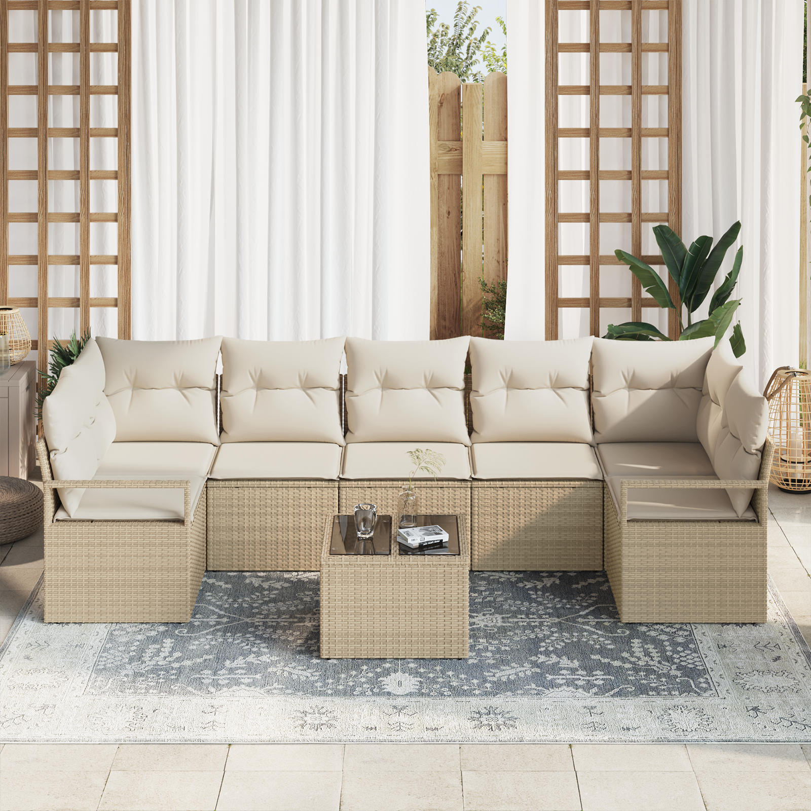 Set da Giardino  8 Pezzi con Cuscini in Polyrattan Beige