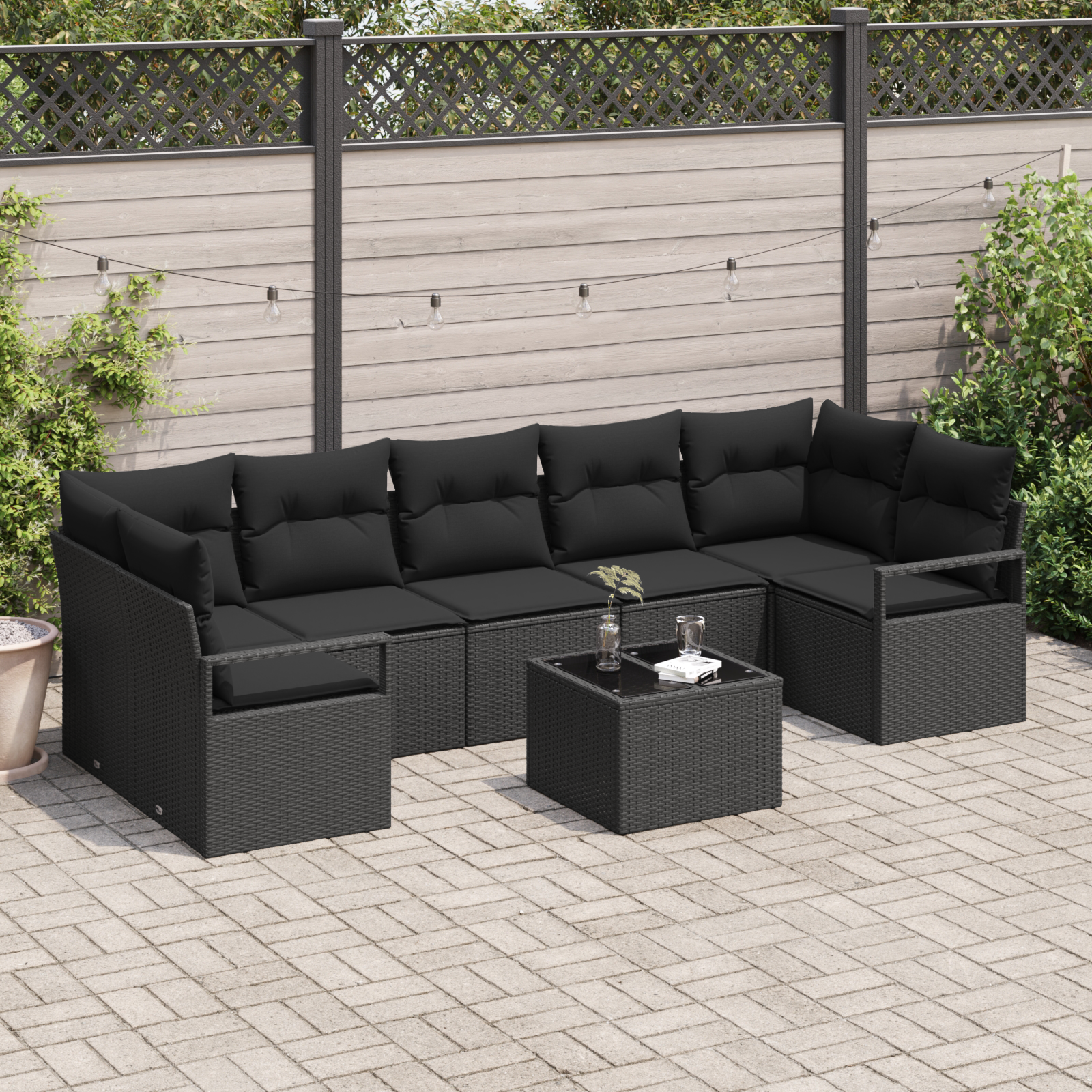 Set Divani da Giardino 8 Pezzi con Cuscini Nero Poly Rattan