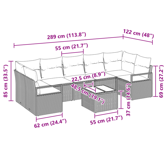 Set Divani da Giardino 8 Pezzi con Cuscini Nero Poly Rattan
