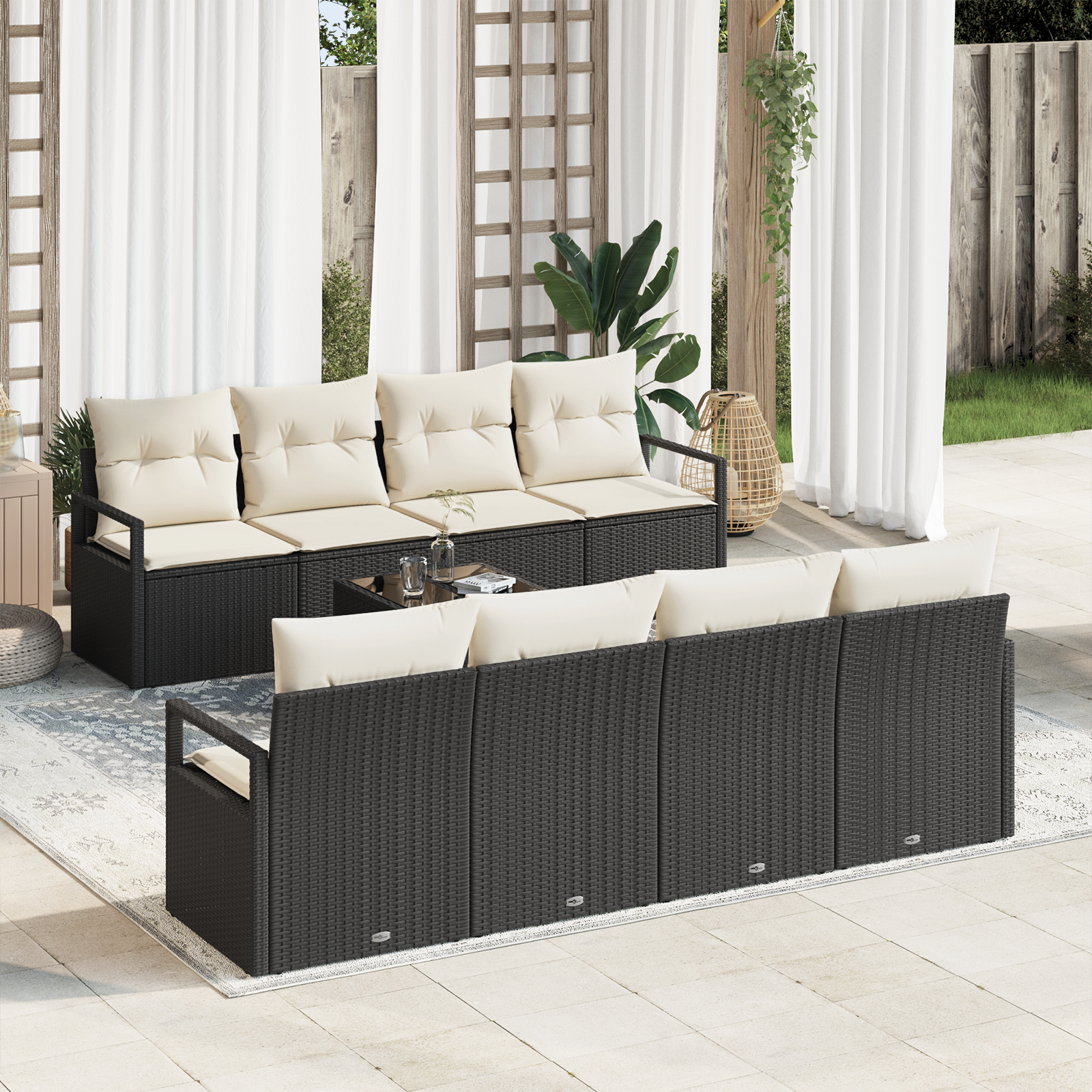 Set Divano da Giardino 9 Pezzi con Cuscini Nero Polyrattan