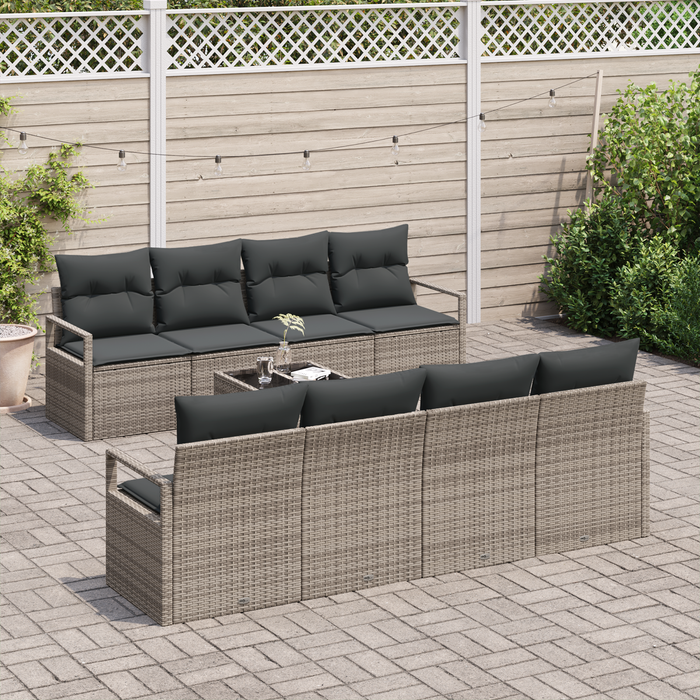 Set di Divani da Giardino a 9 Pezzi con Cuscini Grigio Rattan Sintetico