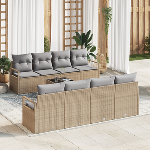 Set di Divano da Giardino  9 Pezzi con Cuscini Beige Poli Rattan