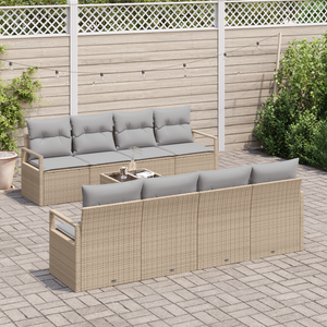 Set di Divano da Giardino  9 Pezzi con Cuscini Beige Poli Rattan