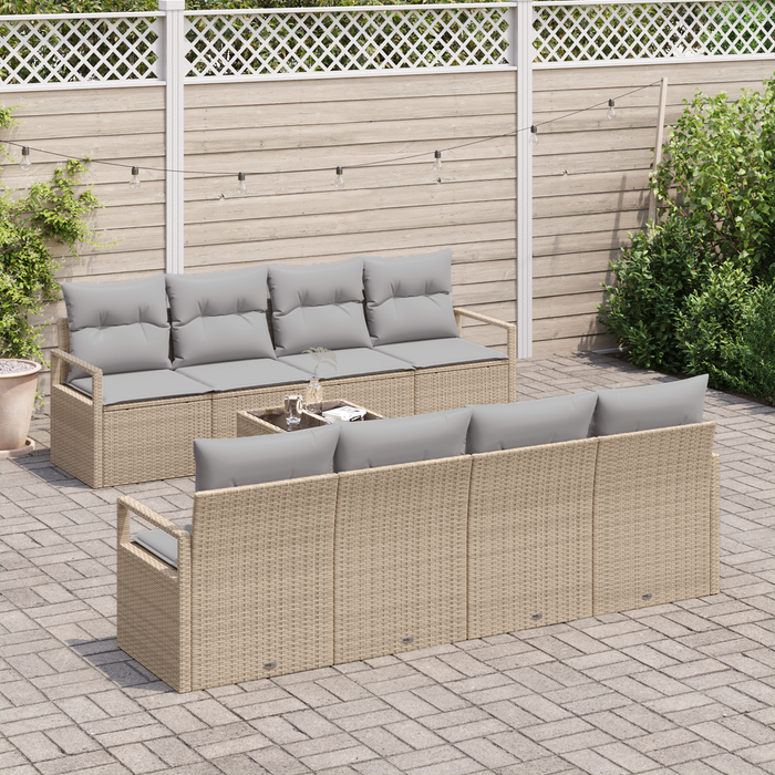 Set di Divano da Giardino  9 Pezzi con Cuscini Beige Poli Rattan
