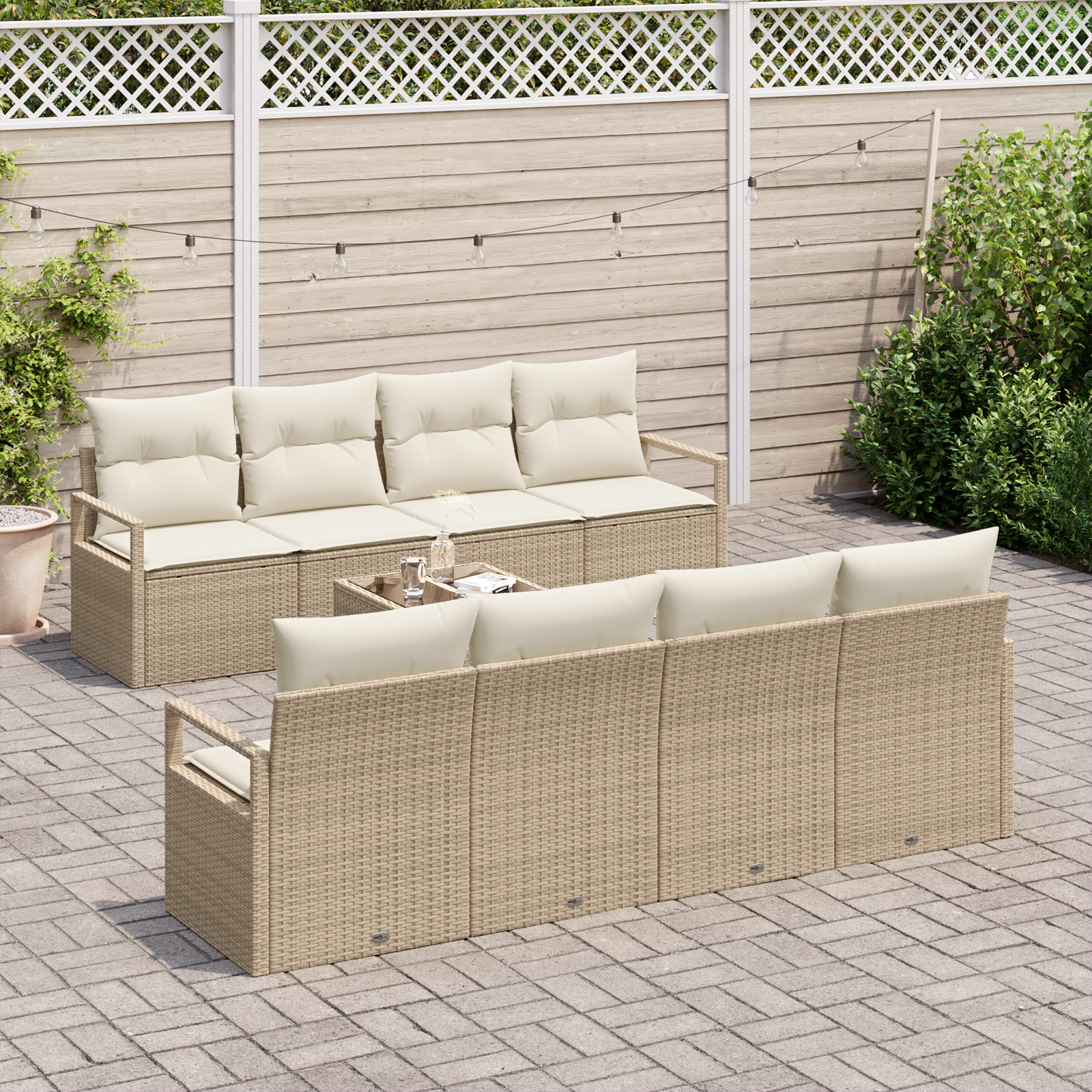 Set Divano da Giardino  9 Pezzi con Cuscini Beige Polyrattan
