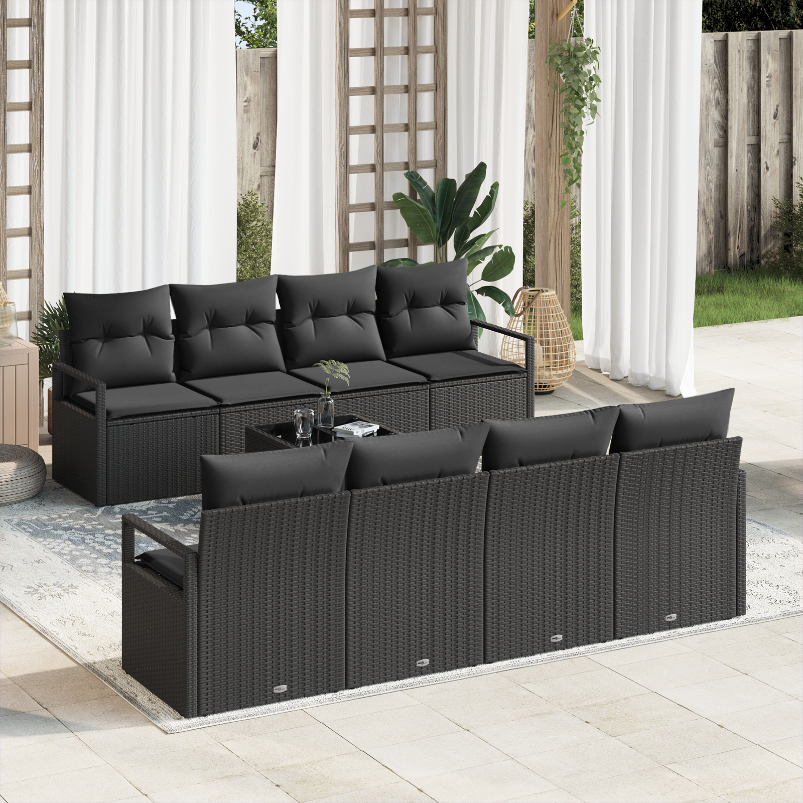 Set di divani da giardino  9 pezzi con cuscini Nero Rattan Sintetico