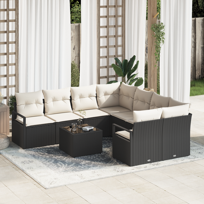 Set di divani da giardino  9 pezzi con cuscini Nero Polirattan
