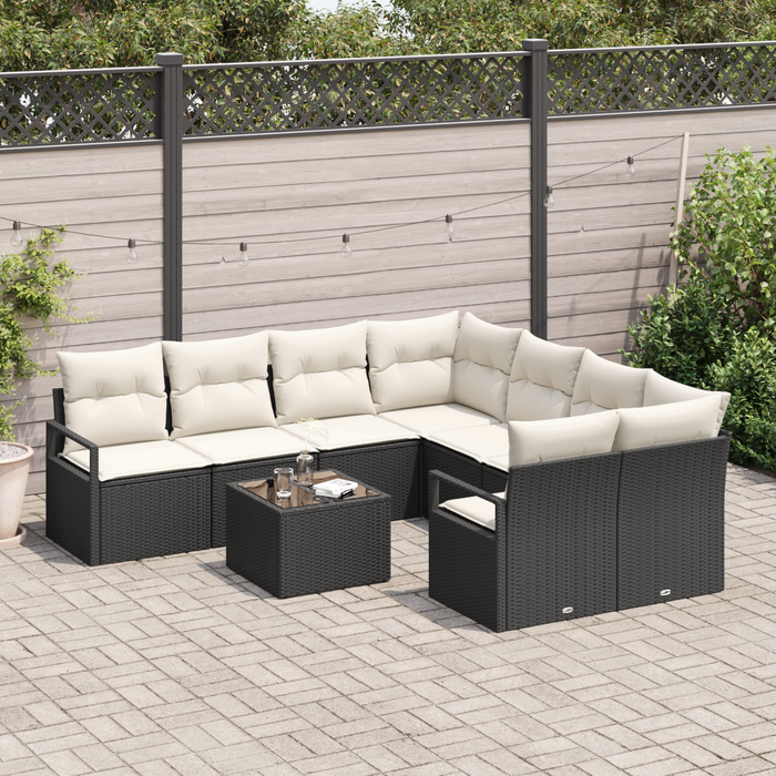 Set di divani da giardino  9 pezzi con cuscini Nero Polirattan