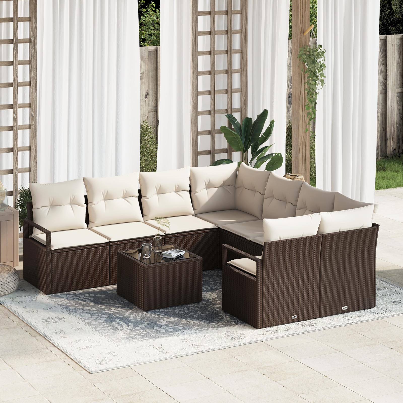Set divano da giardino  a 9 pezzi con cuscini in polyrattan marrone
