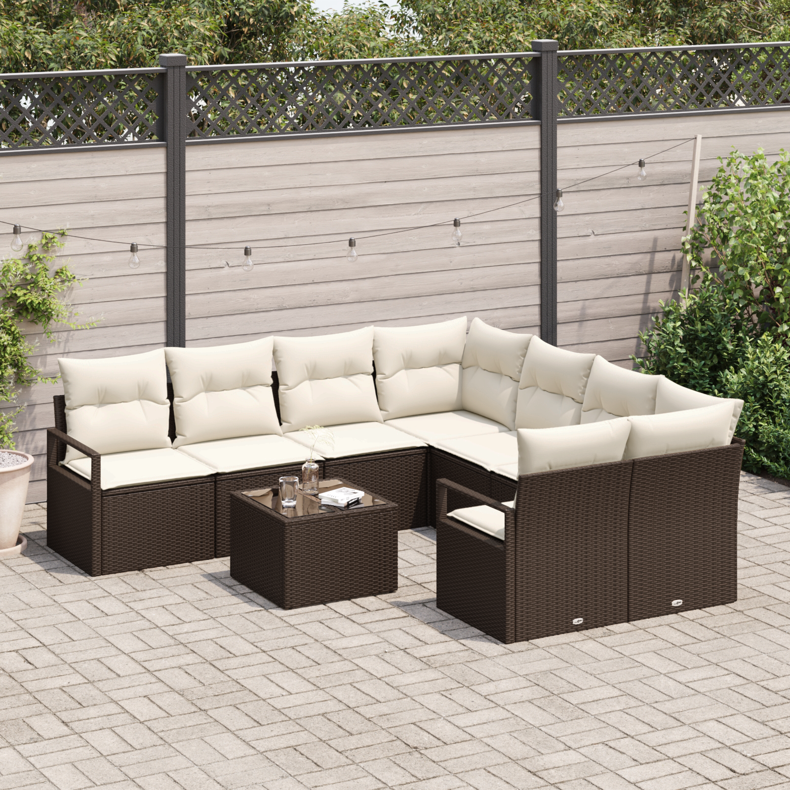 Set divano da giardino  a 9 pezzi con cuscini in polyrattan marrone
