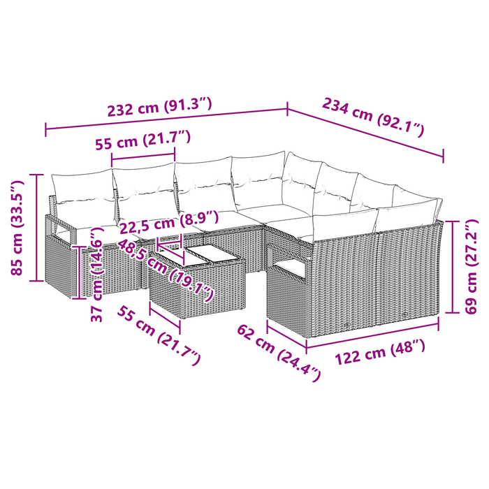 Set divano da giardino  a 9 pezzi con cuscini in polyrattan marrone