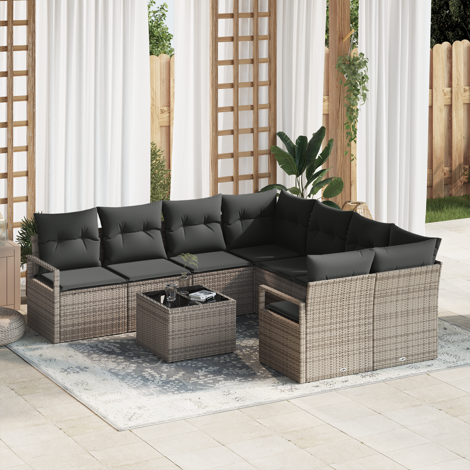 Set Divano Giardino 9 Pezzi con Cuscini Grigio Polyrattan
