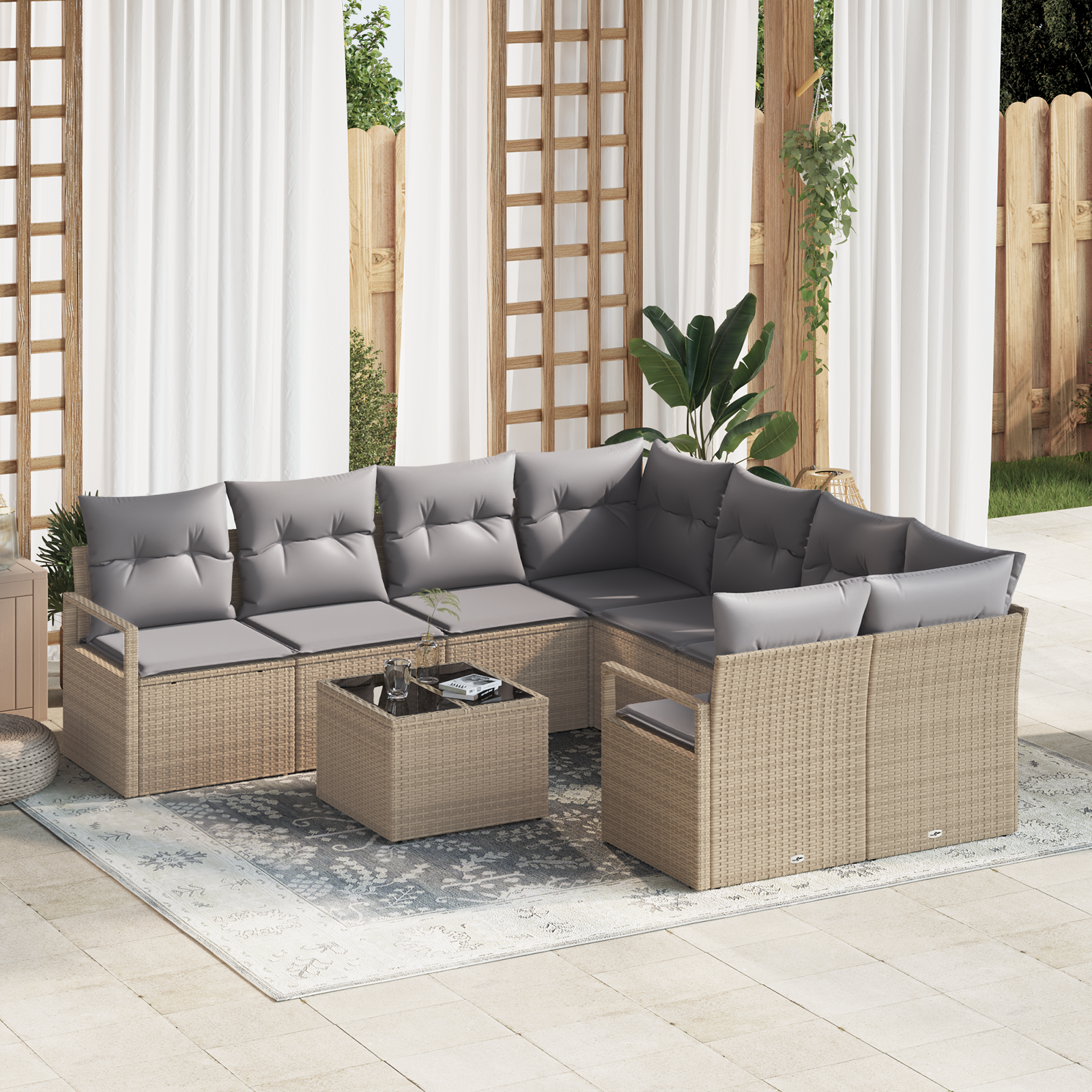 Set da giardino a 9 pezzi di  con cuscini Beige Rattan