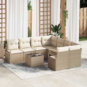 Set Divano da Giardino  9 Pezzi con Cuscini Beige Rattan Sintetico