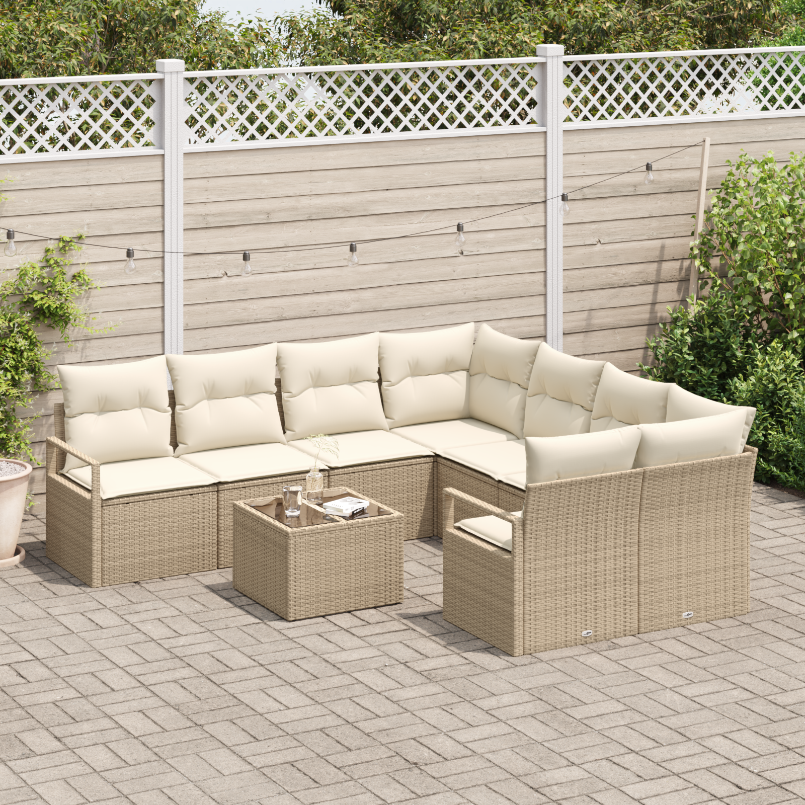 Set Divano da Giardino  9 Pezzi con Cuscini Beige Rattan Sintetico