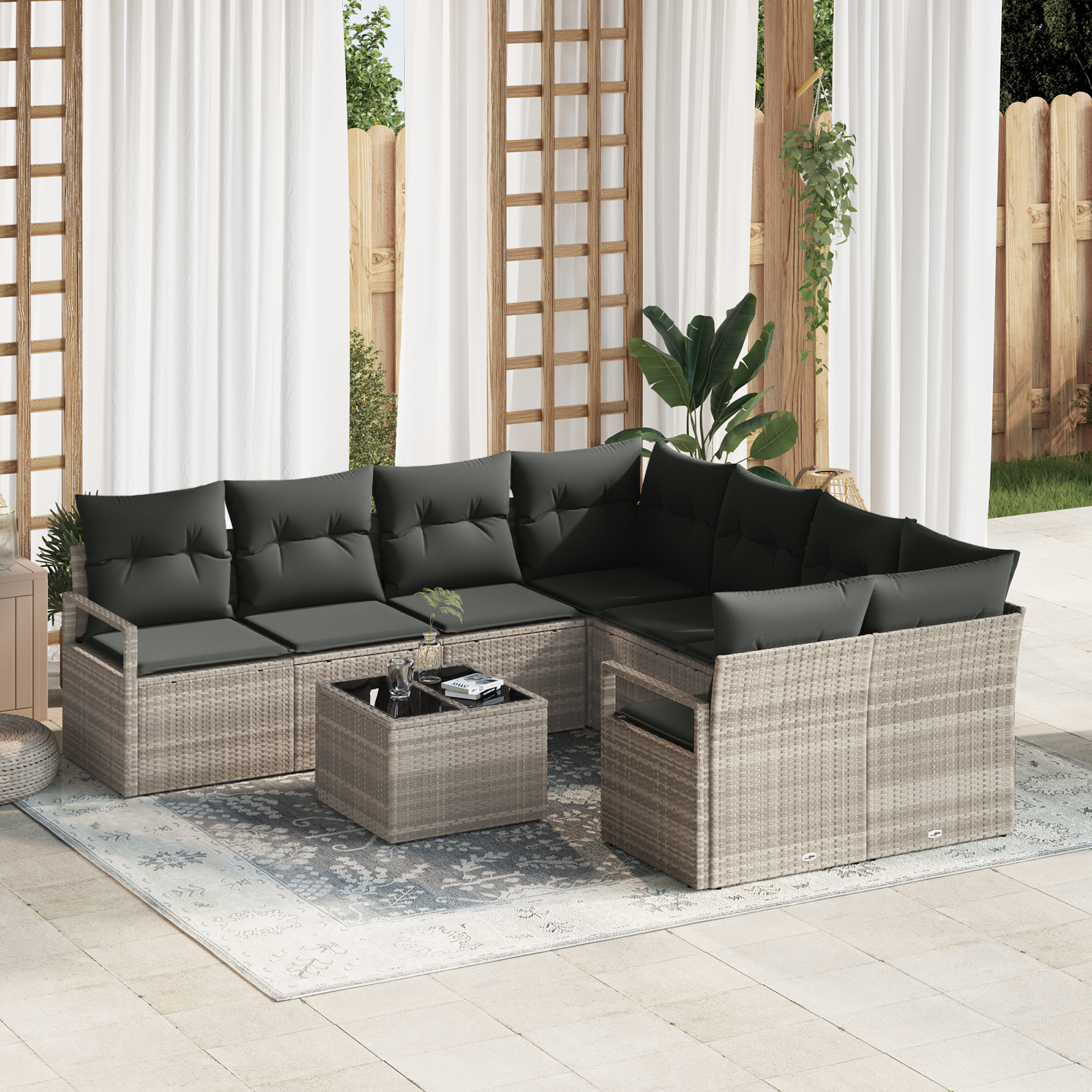 Set di divani da giardino a 9 pezzi  con cuscini Grigio chiaro Polirattan