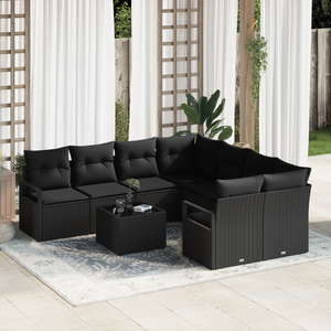 Set Divano Giardino 9 Pezzi  con Cuscini Neri Polyrattan