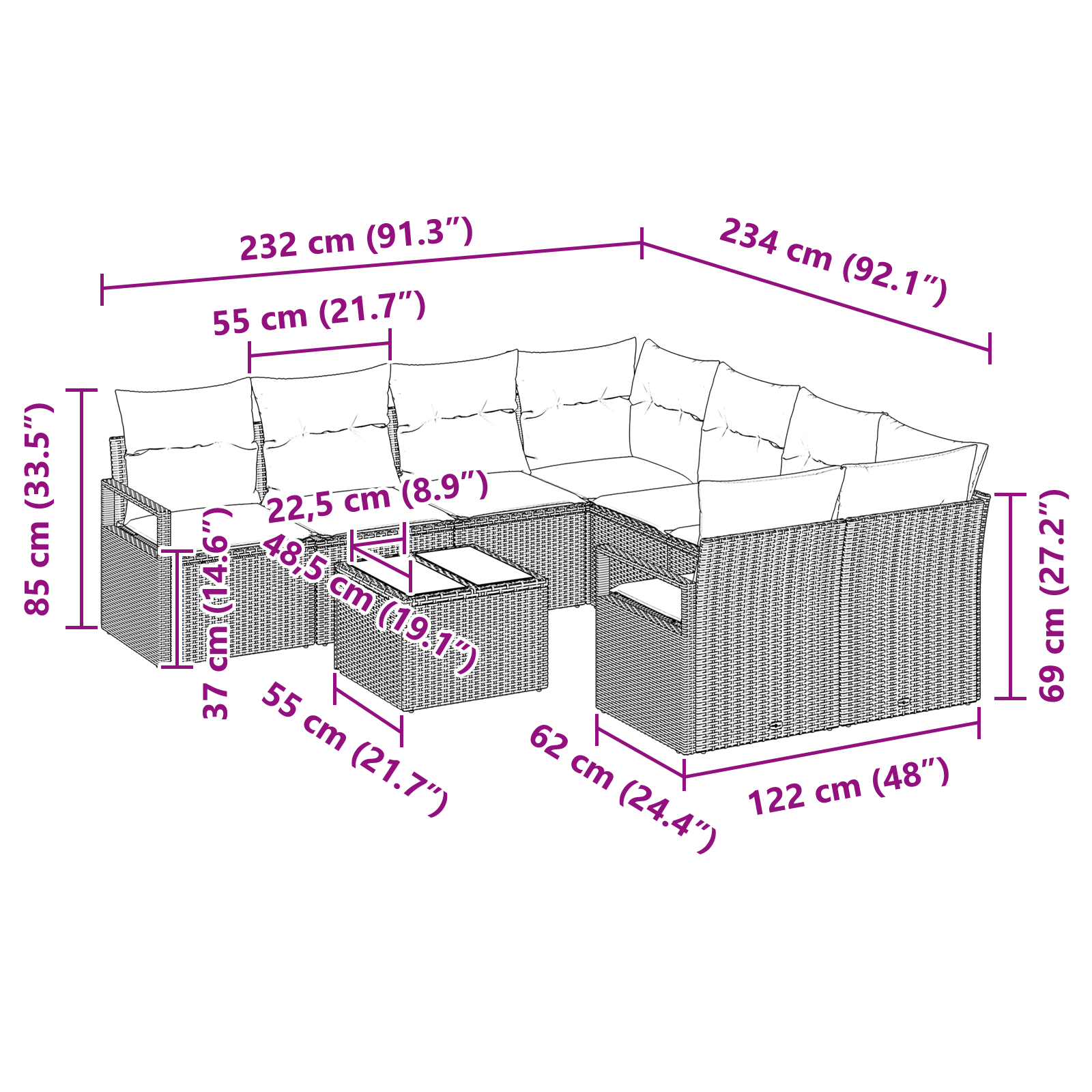 Set Divano Giardino 9 Pezzi  con Cuscini Neri Polyrattan