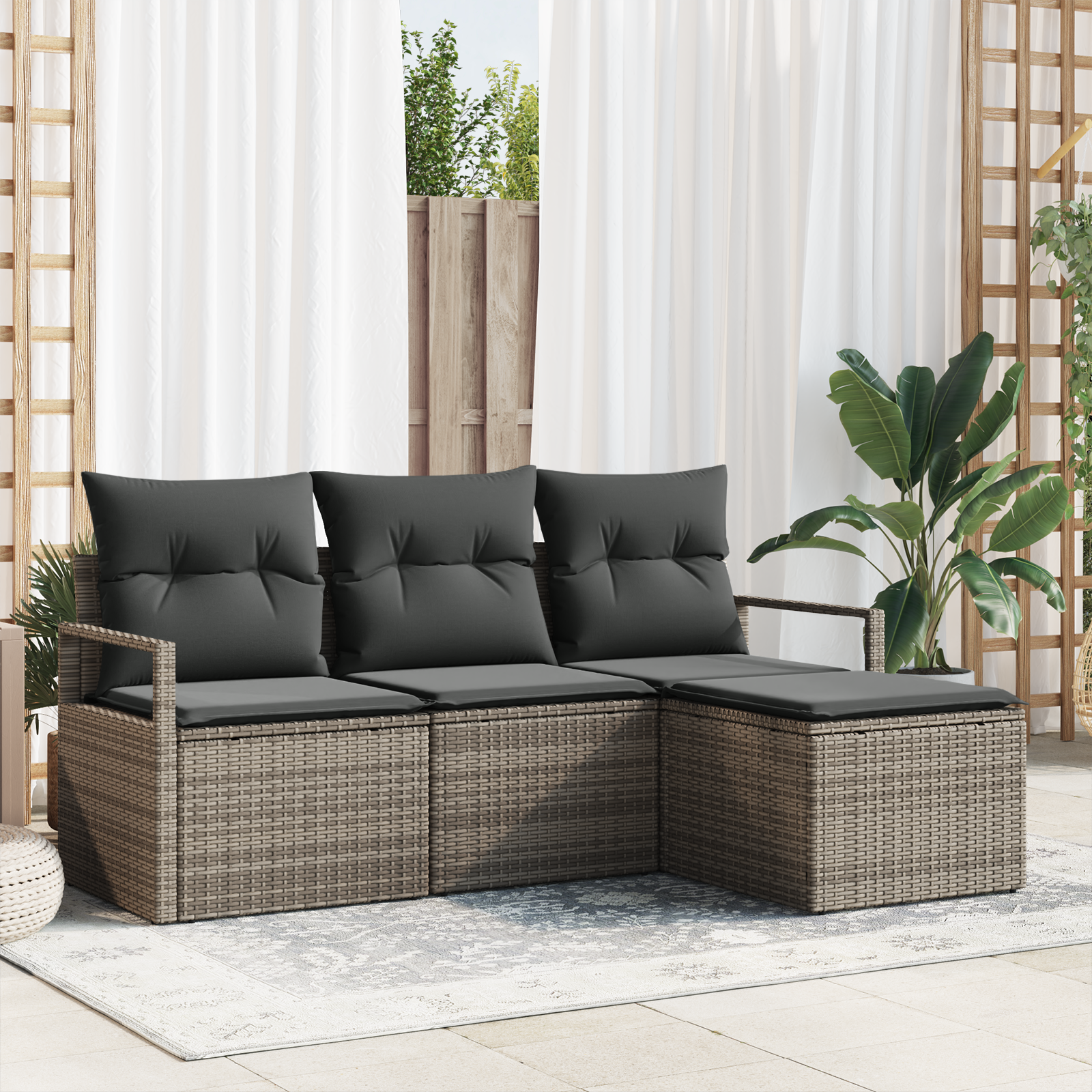 Set Divano da Giardino  a 4 Pezzi con Cuscini Grigio Polirattan