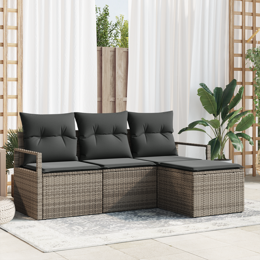 Set Divano da Giardino  a 4 Pezzi con Cuscini Grigio Polirattan