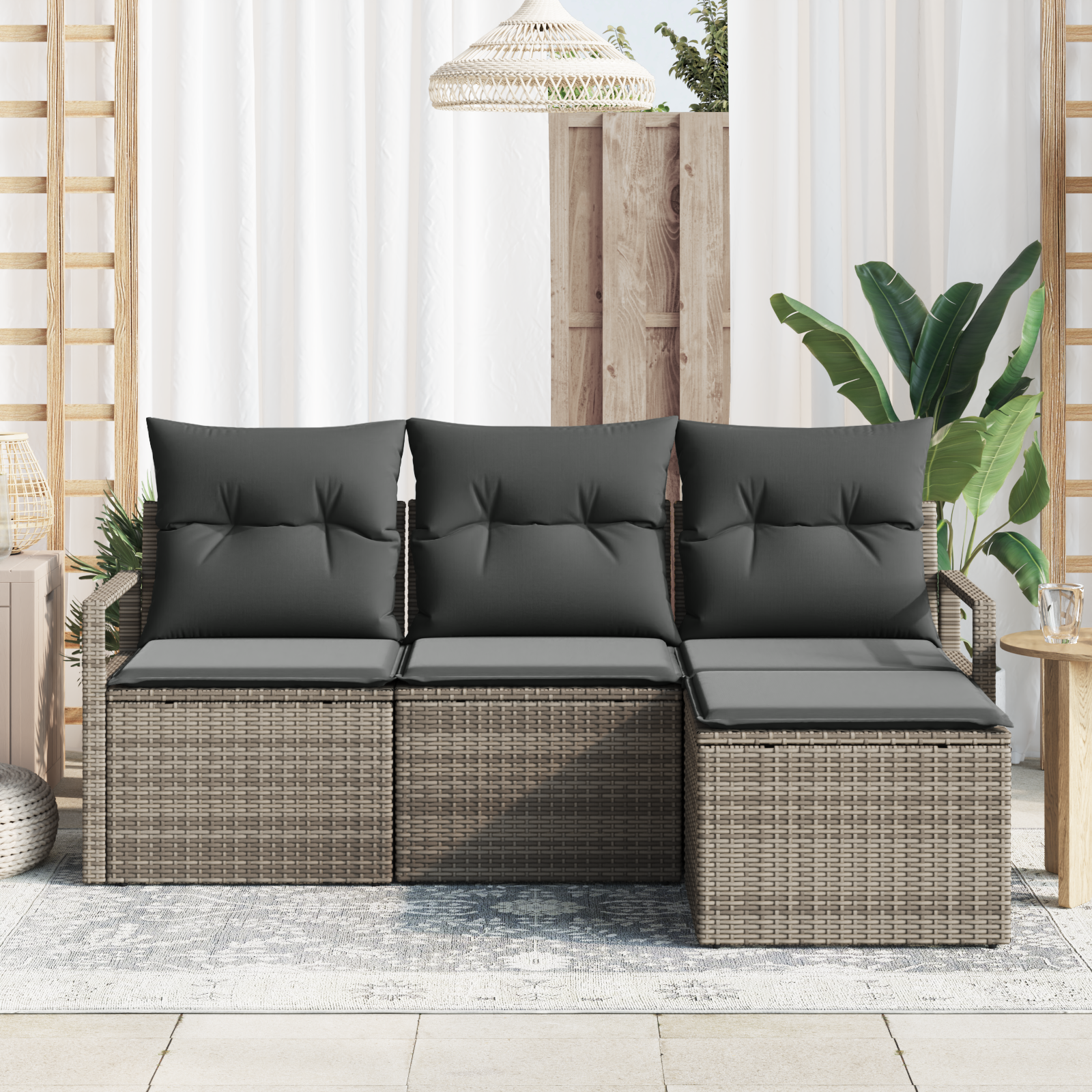 Set Divano da Giardino  a 4 Pezzi con Cuscini Grigio Polirattan