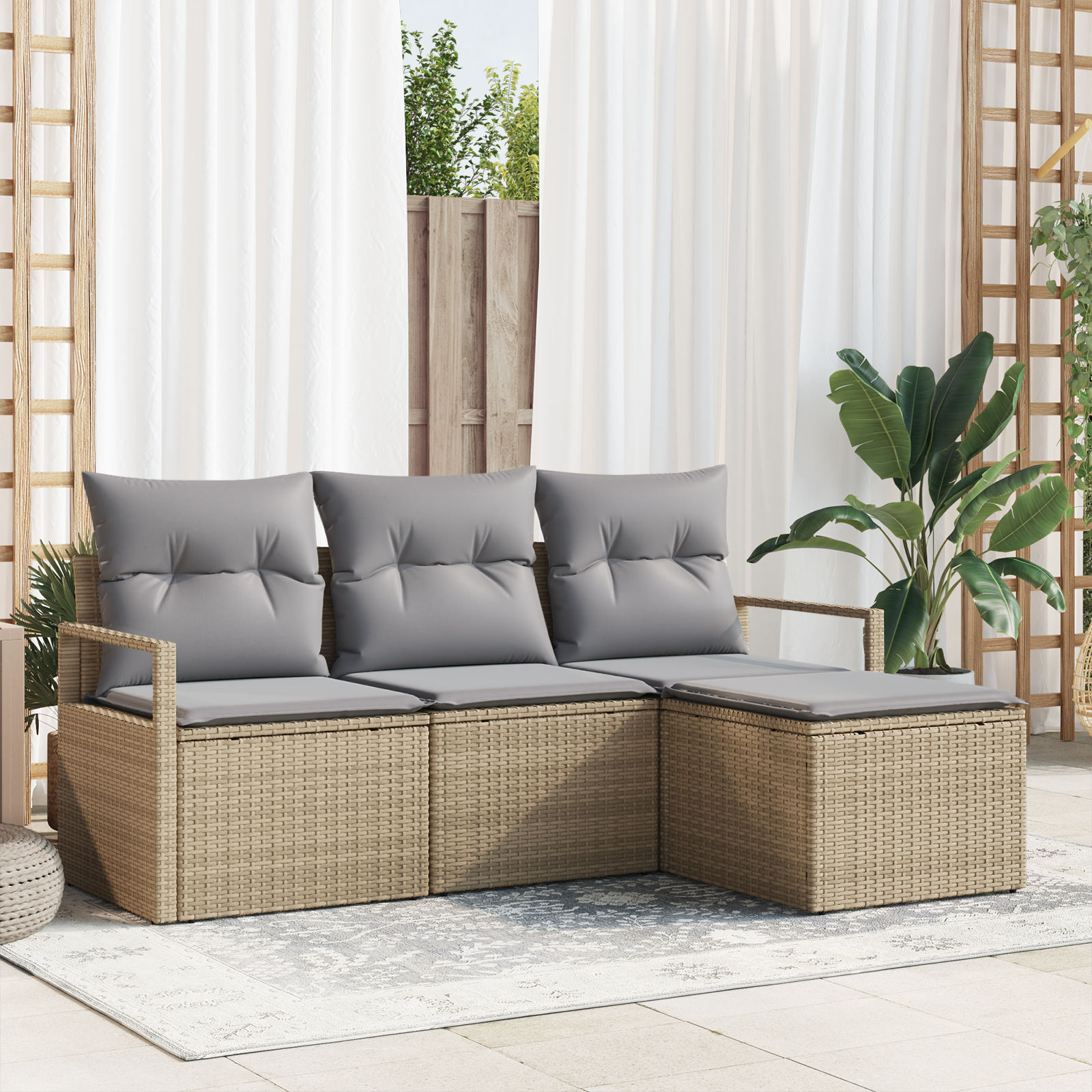 Set di Divani da Giardino  4 Pezzi con Cuscini Rattan Poliestere Beige