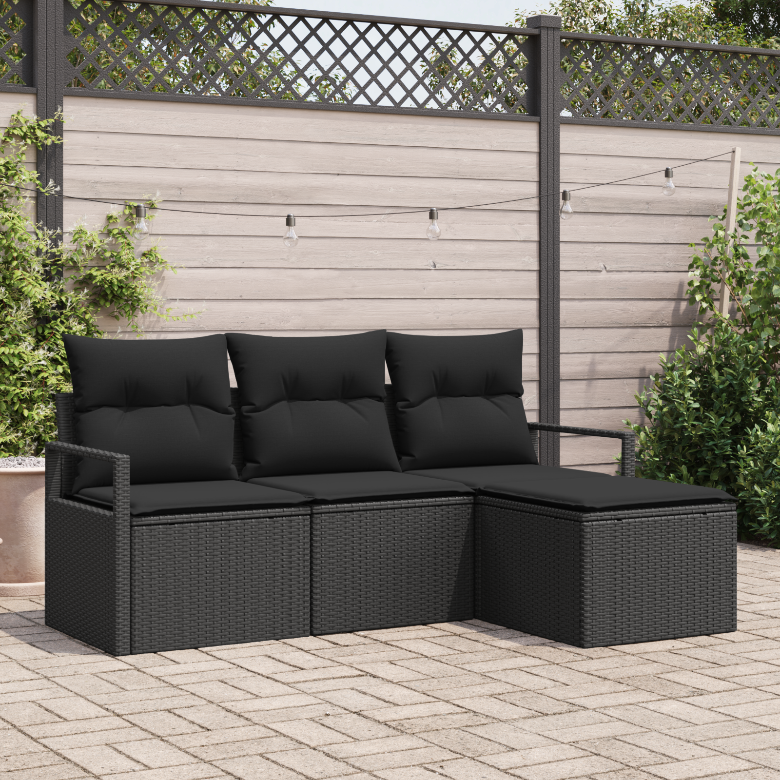 Set di Divani da Giardino  di 4 Pezzi con Cuscini Rattan Polietilene Nero