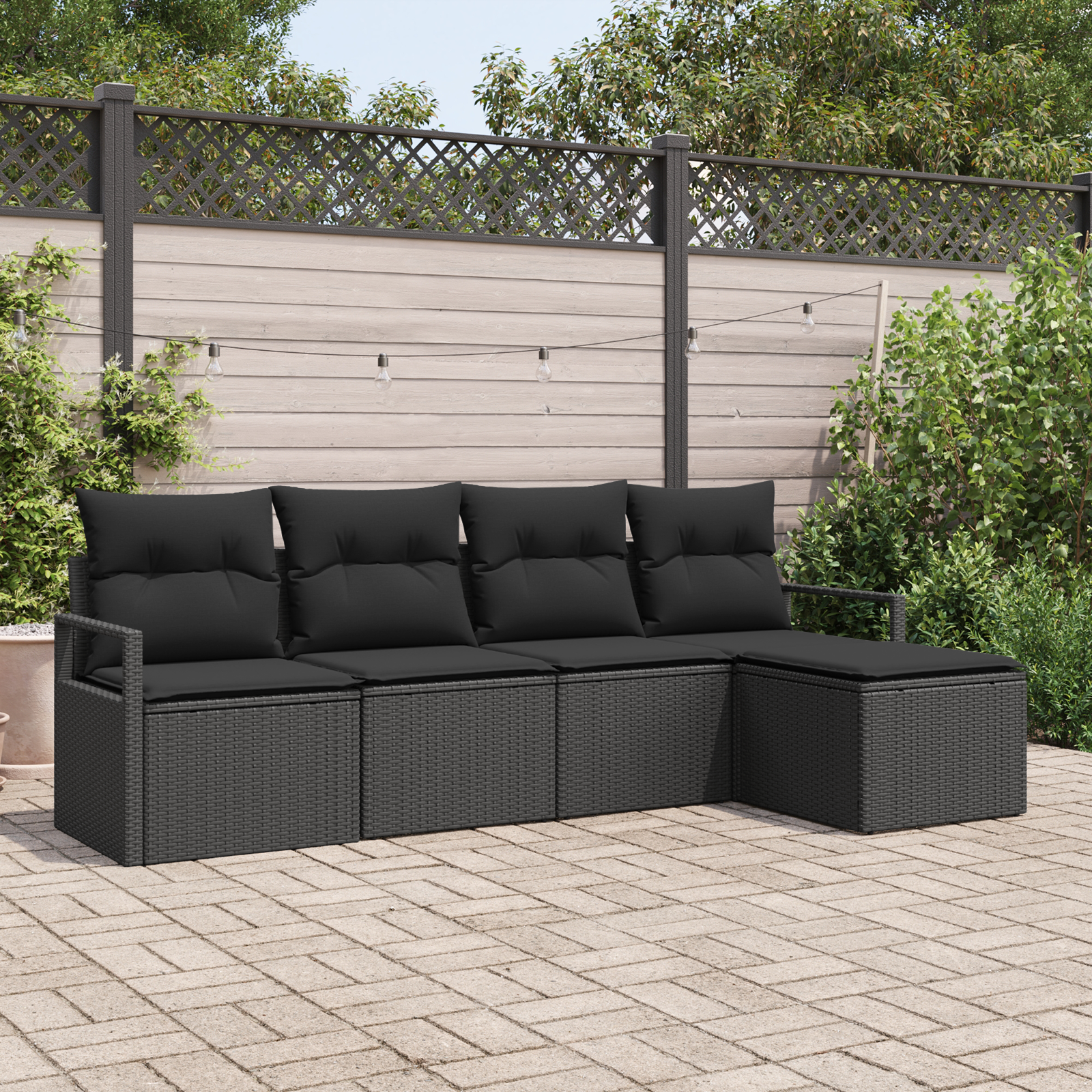 Set di divani da giardino a 5 pezzi con cuscini in rattan nero