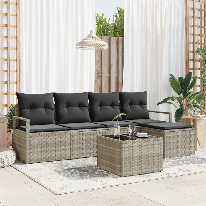 Set Divano da Giardino  6 Pezzi con Cuscini Grigio Polyrattan