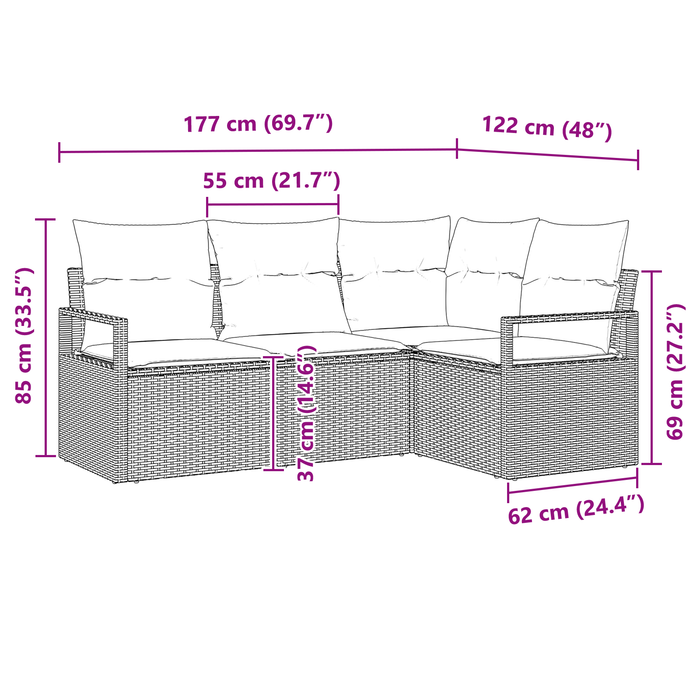 Set divano da giardino a 4 pezzi con cuscini grigio chiaro in polyrattan