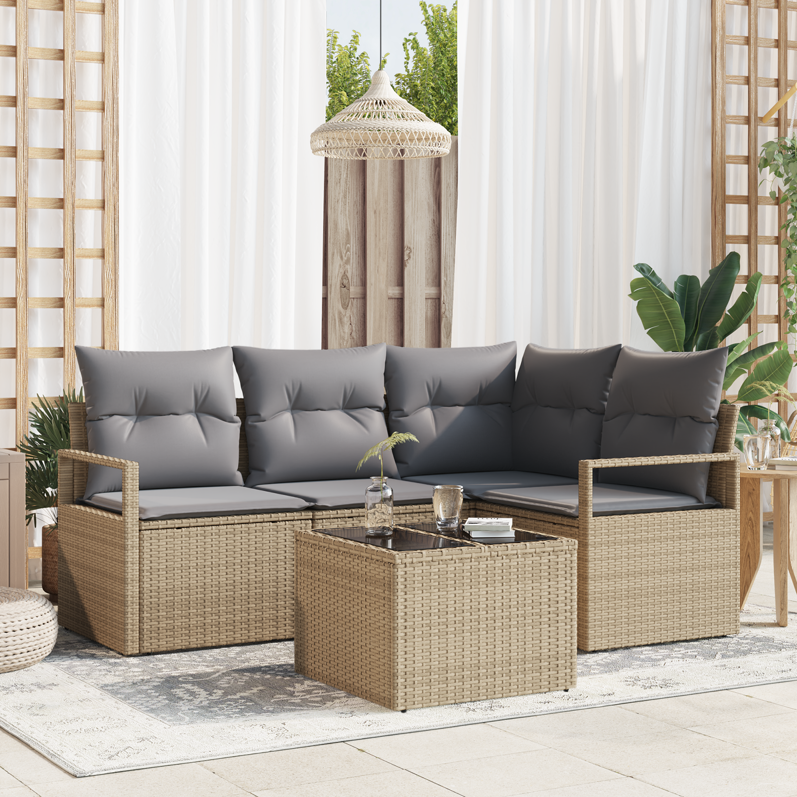Set di divani da giardino  con cuscini in rattan poliestere nero