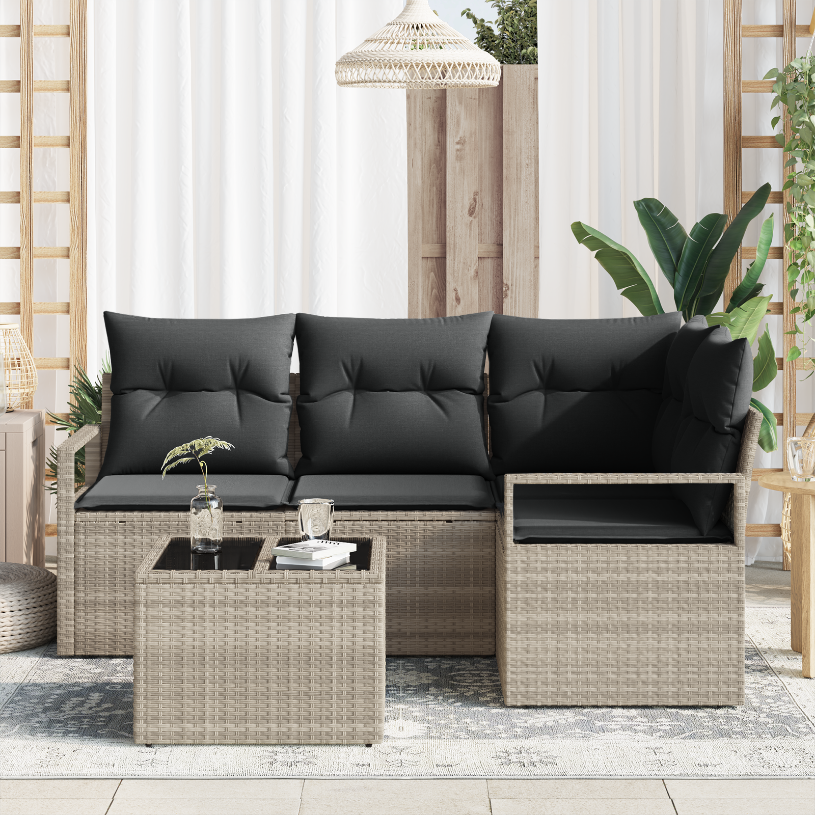 Set divano da giardino  5 pezzi con cuscini Grigio Rattan Sintetico