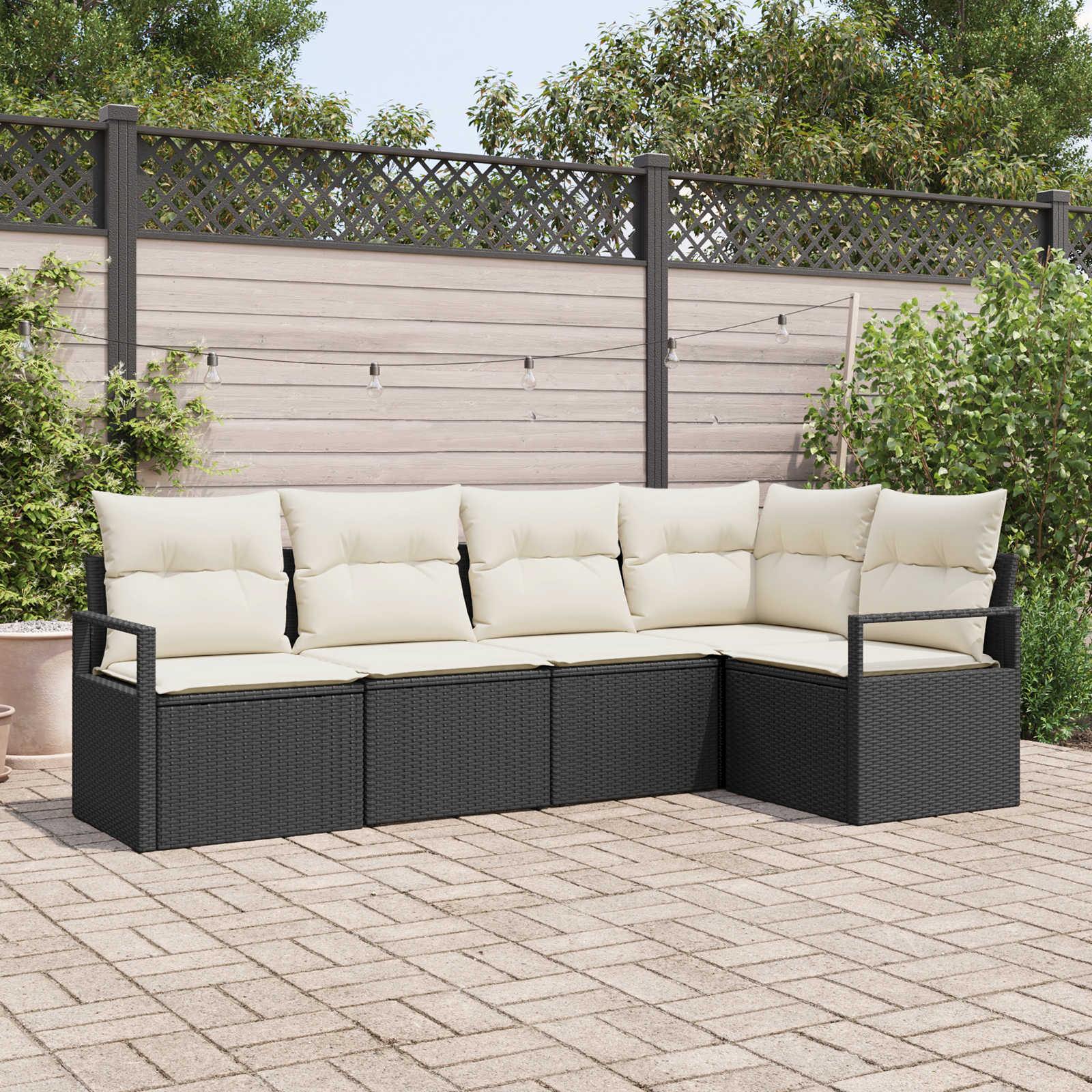 Set 5 pezzi divano giardino con cuscini polyrattan nero