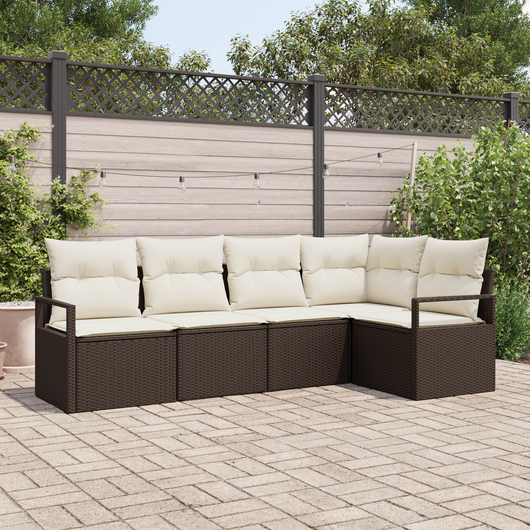 Set divano da giardino a 5 pezzi con cuscini marrone in rattan sintetico