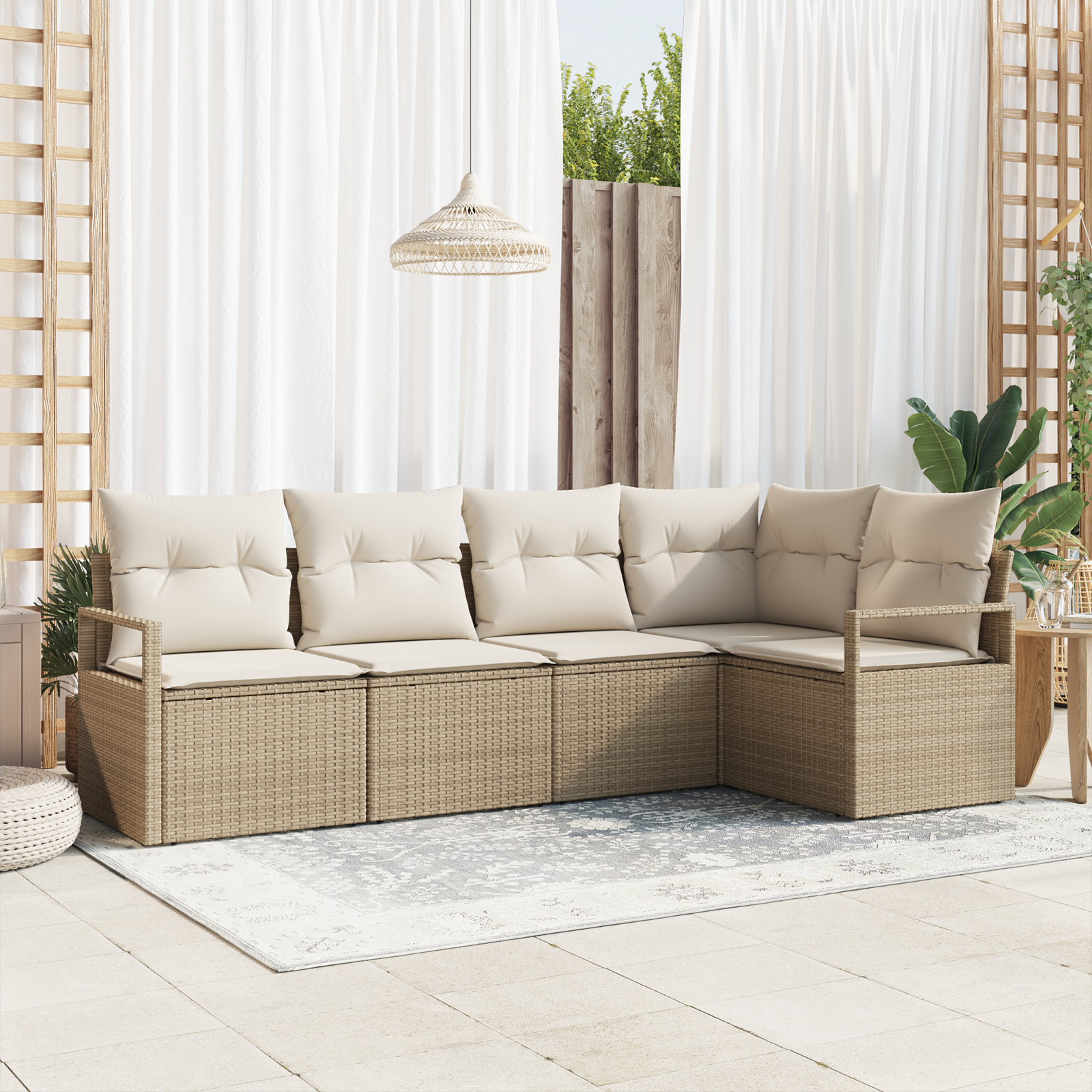 Set Divano da Giardino 5 Pezzi con Cuscini Beige Polyrattan