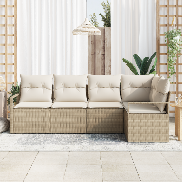 Set Divano da Giardino 5 Pezzi con Cuscini Beige Polyrattan