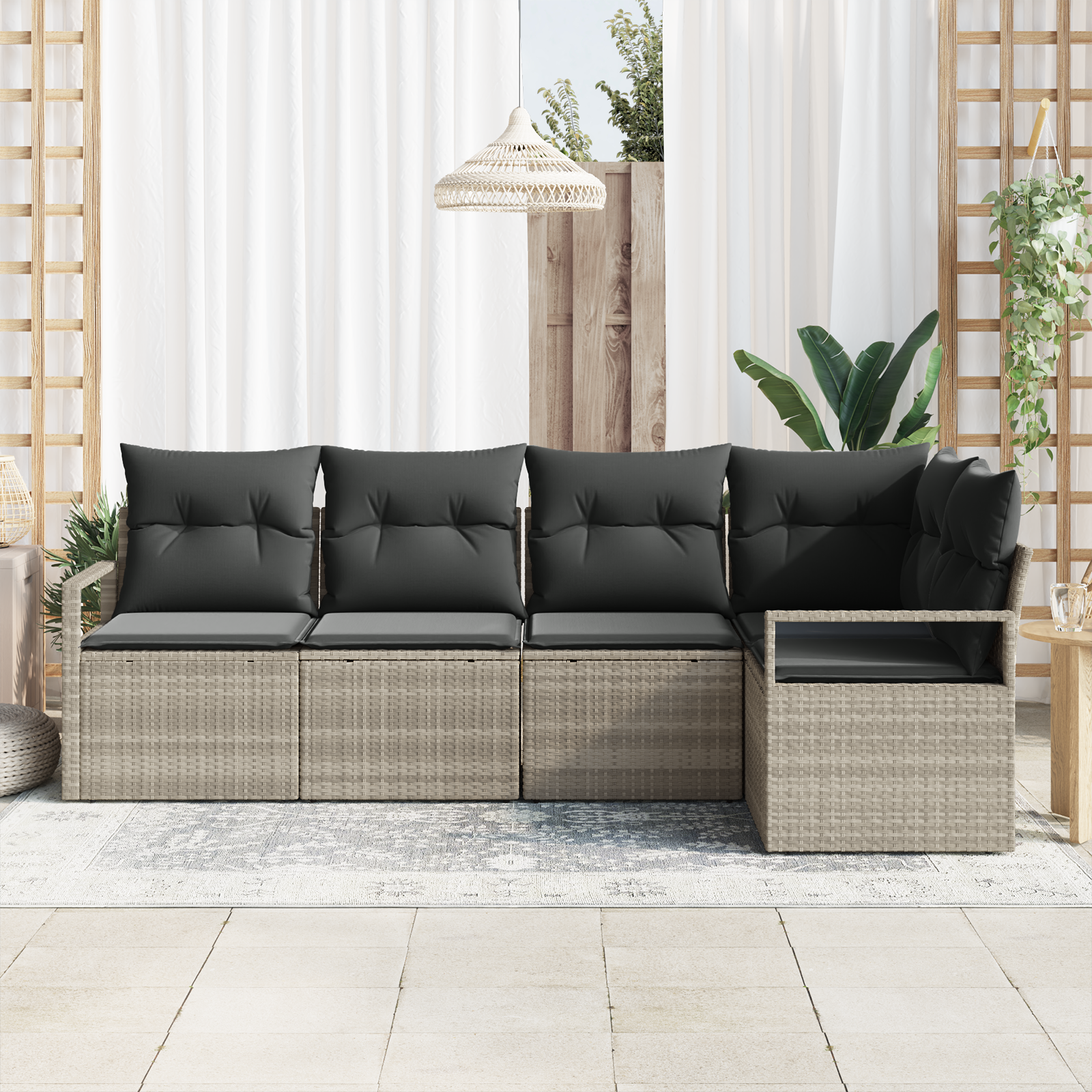 Set divano da giardino  a 5 pezzi con cuscini grigio chiaro polyrattan