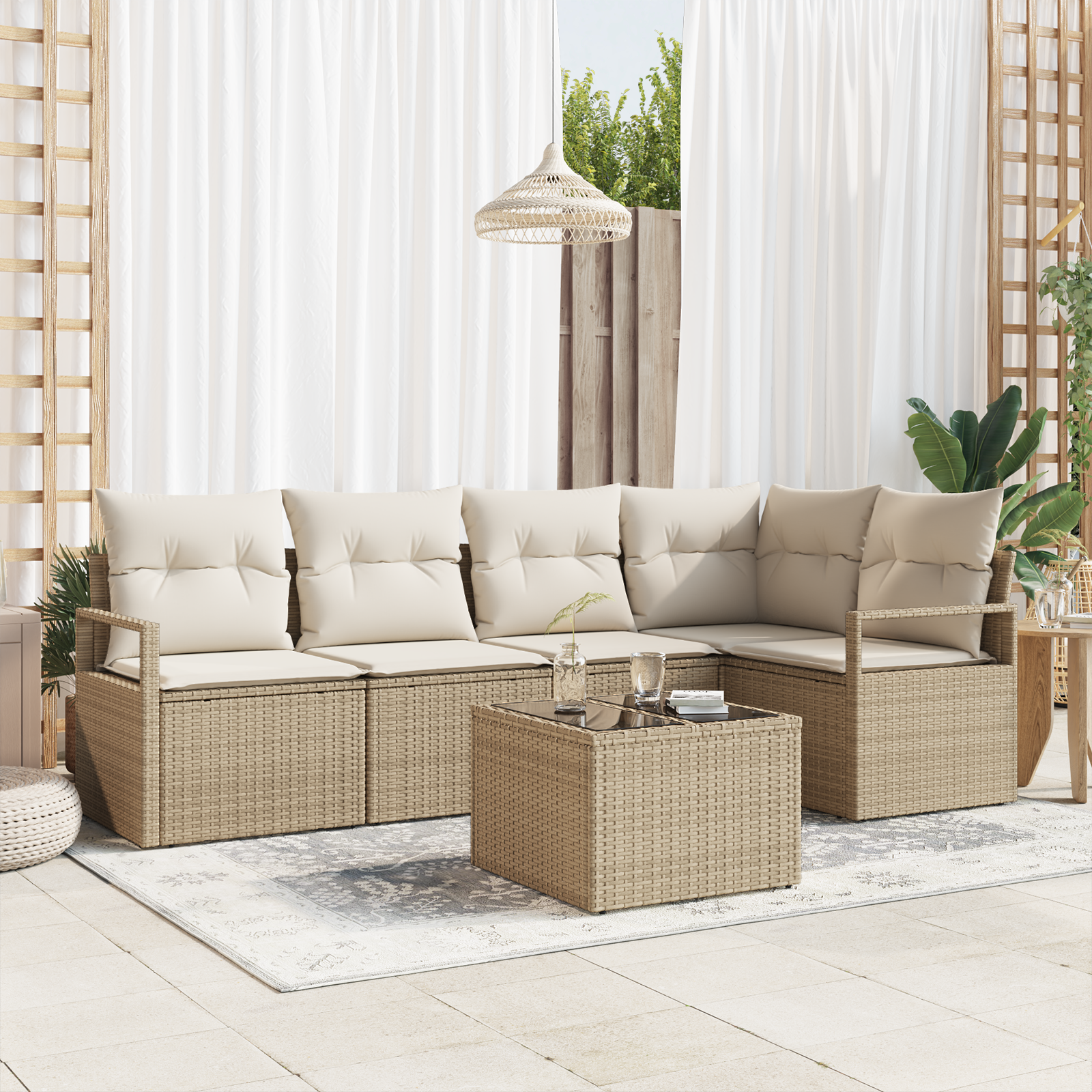 Set Divano da Giardino  con Cuscini 6 Pezzi Rattan Polvere Marrone
