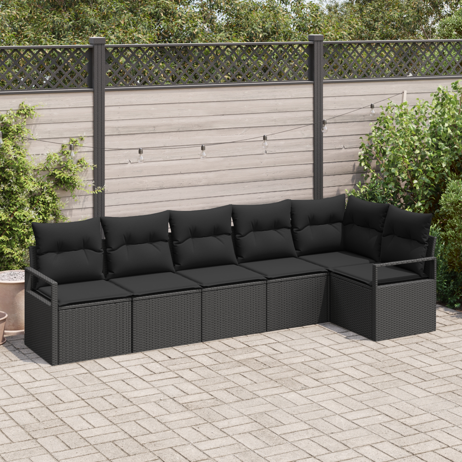 Set Divano da Giardino  6 Pezzi con Cuscini Nero Polyrattan