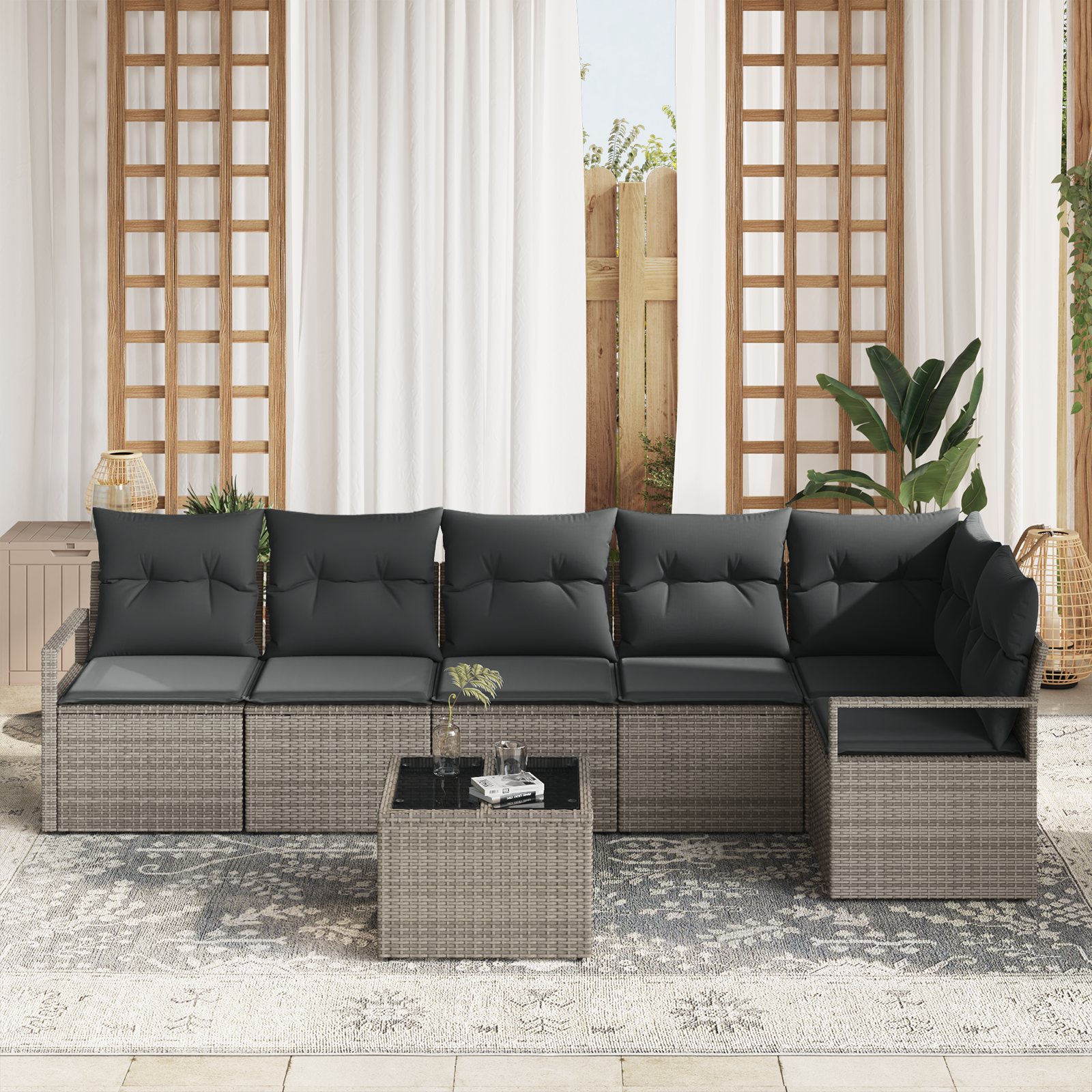 Set di divani da giardino a 6 pezzi con cuscini in polyrattan nero