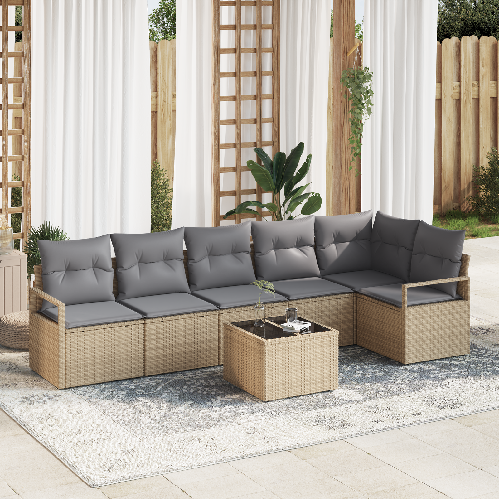 Set Divano da Giardino  7 Pezzi con Cuscini Rattan Sintetico Nero